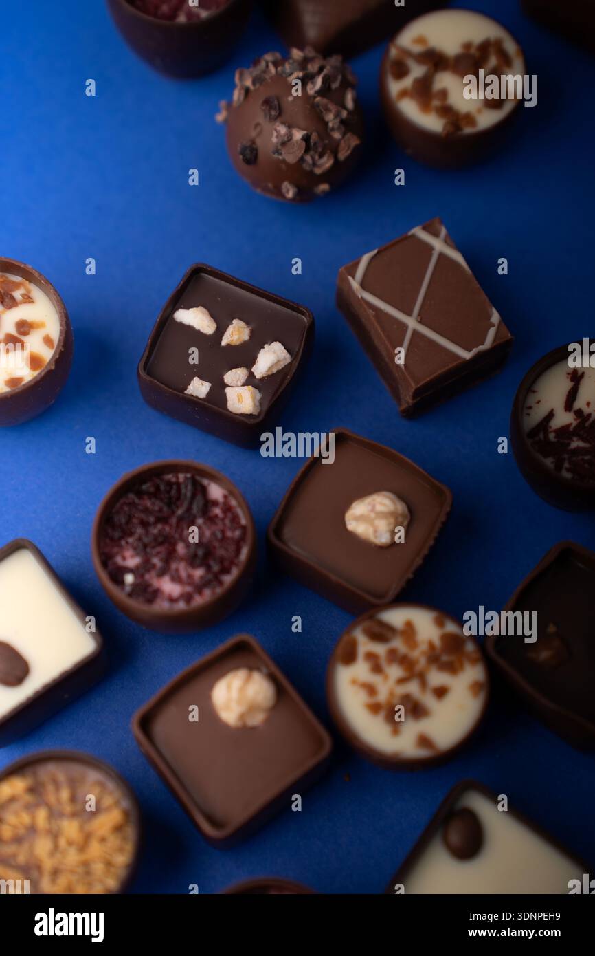 Close-up-Flachbild mit verschiedenen handwerklich hergestellten Schokoladentrüffeln und Pralinen, die auf einem lebhaften kobaltblauen Hintergrund angeordnet sind und Hochglanz-Ganache, Nuss-topp, hervorheben Stockfoto
