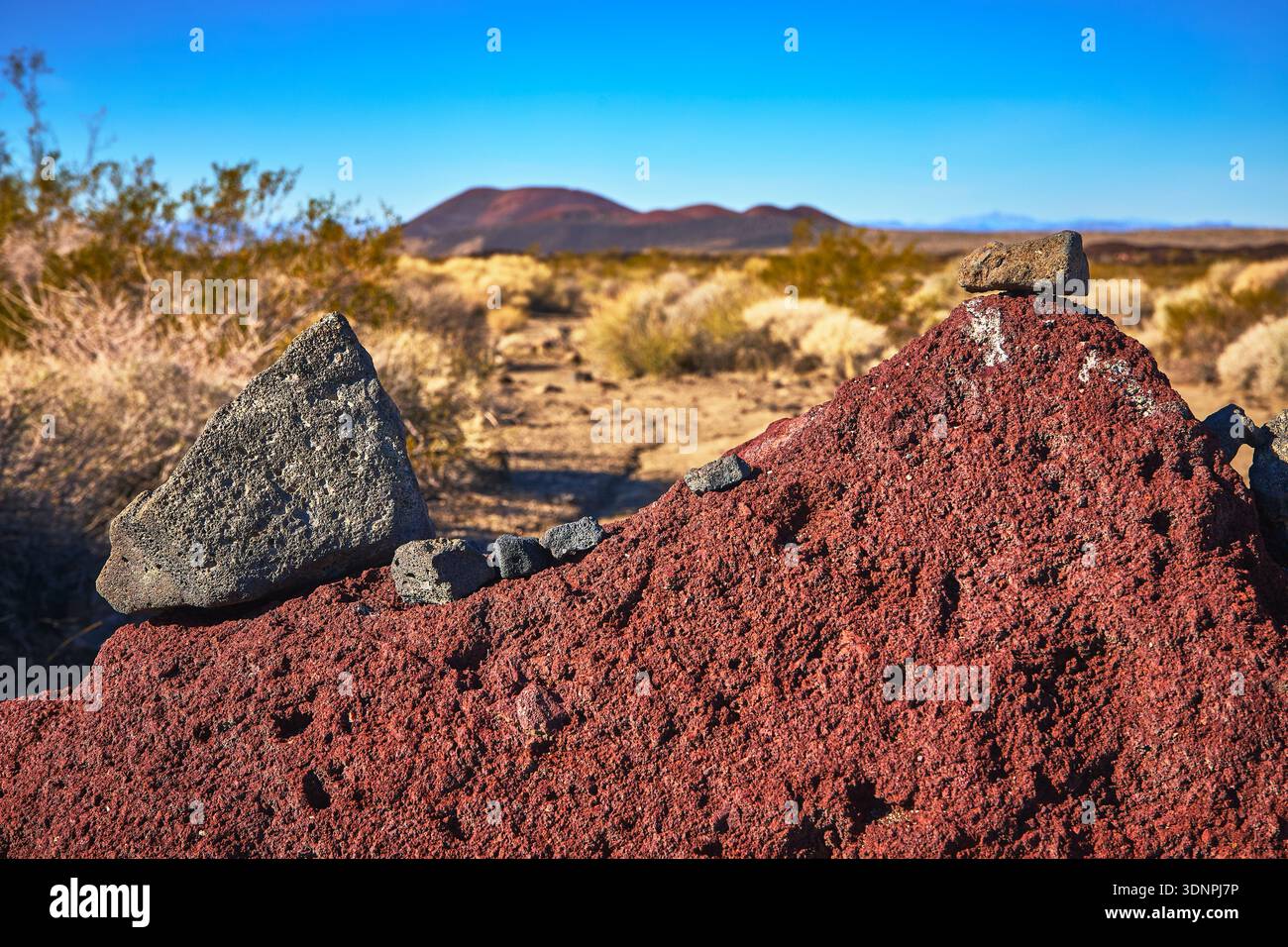 Basaltsteine aus vulkanischem Red Lava Rock und Landschaft der Mojave-Wüste im Sonnenlicht Stockfoto