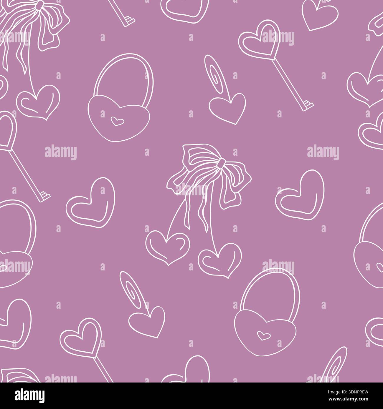 Herzen, Schleifen, Schlösser und Schlüssel, minimalistische schwarze Strichkunst. Nahtlose Hand gezeichnete Vektor Valentinsmuster mit romantischem Design Stock Vektor