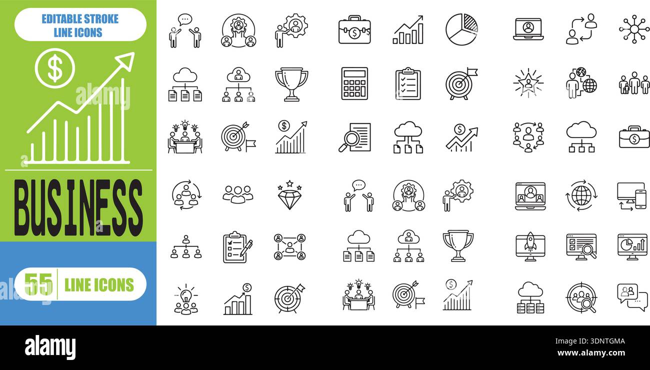 Kollektion aus Symbolen für Teamwork und Geschäftsbereiche. Große UI-Symbolgruppe. Symbolpaket mit dünnen Umrissen. Vektordarstellung EPS10 Stock Vektor