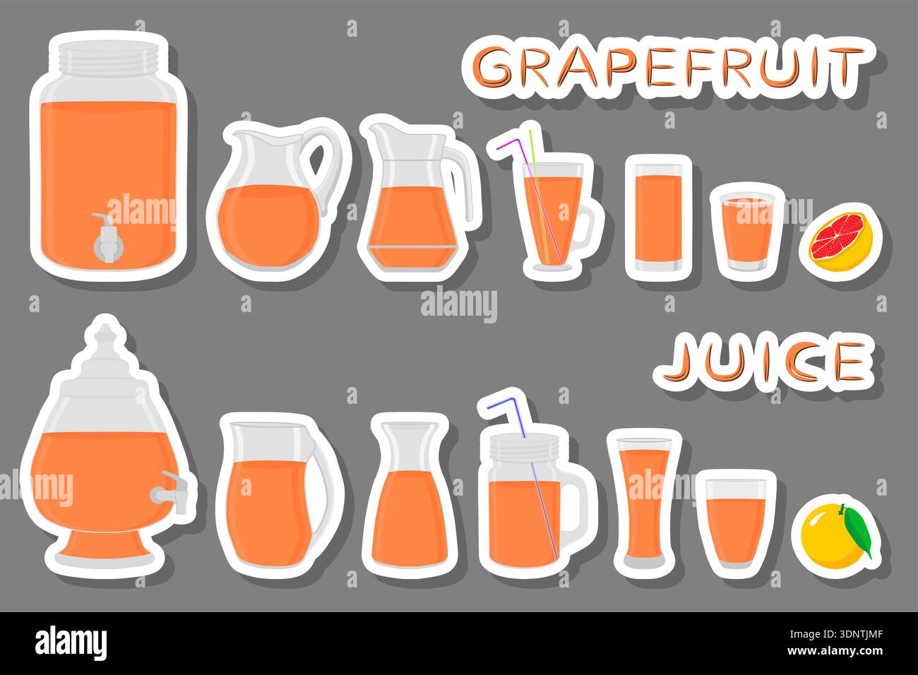 Illustration zum Thema Big Kit verschiedene Arten von Glaswaren, Grapefruitkannen verschiedener Größe, Glaswaren bestehend aus organischen Plastikkannen für flüssigen Grapefru Stock Vektor