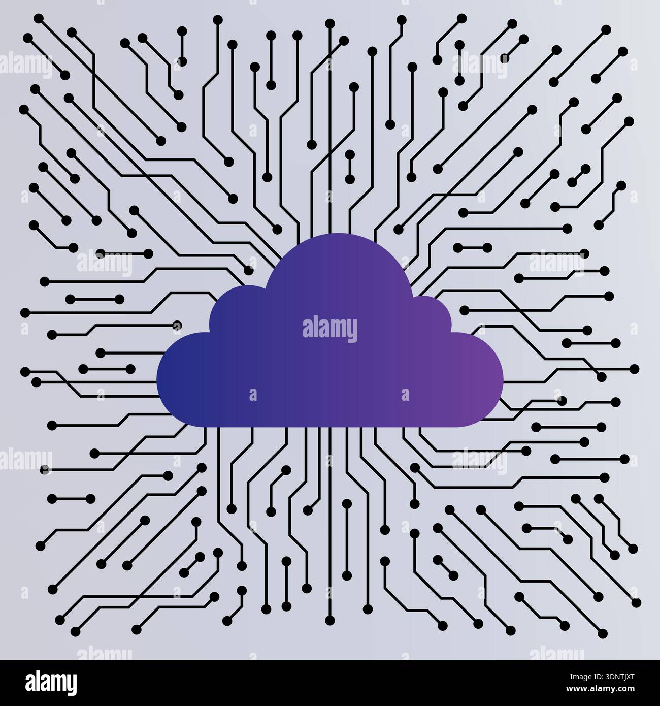 Lila Cloud-Technologie-Symbol mit integrierten Schaltungslinien und Knoten, die globale Datenspeicherung, Hochgeschwindigkeits-Internet und Cyber-Sicherheitssysteme symbolisieren Stock Vektor