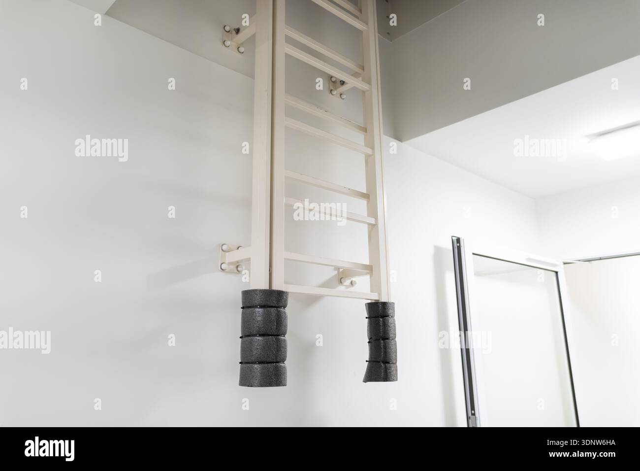 Eine robuste, cremefarbene, an der Wand montierte Fitnessleiter mit dunklen gepolsterten Gewichten fördert effektive Physiotherapie, Muskelstärkung und reha Stockfoto