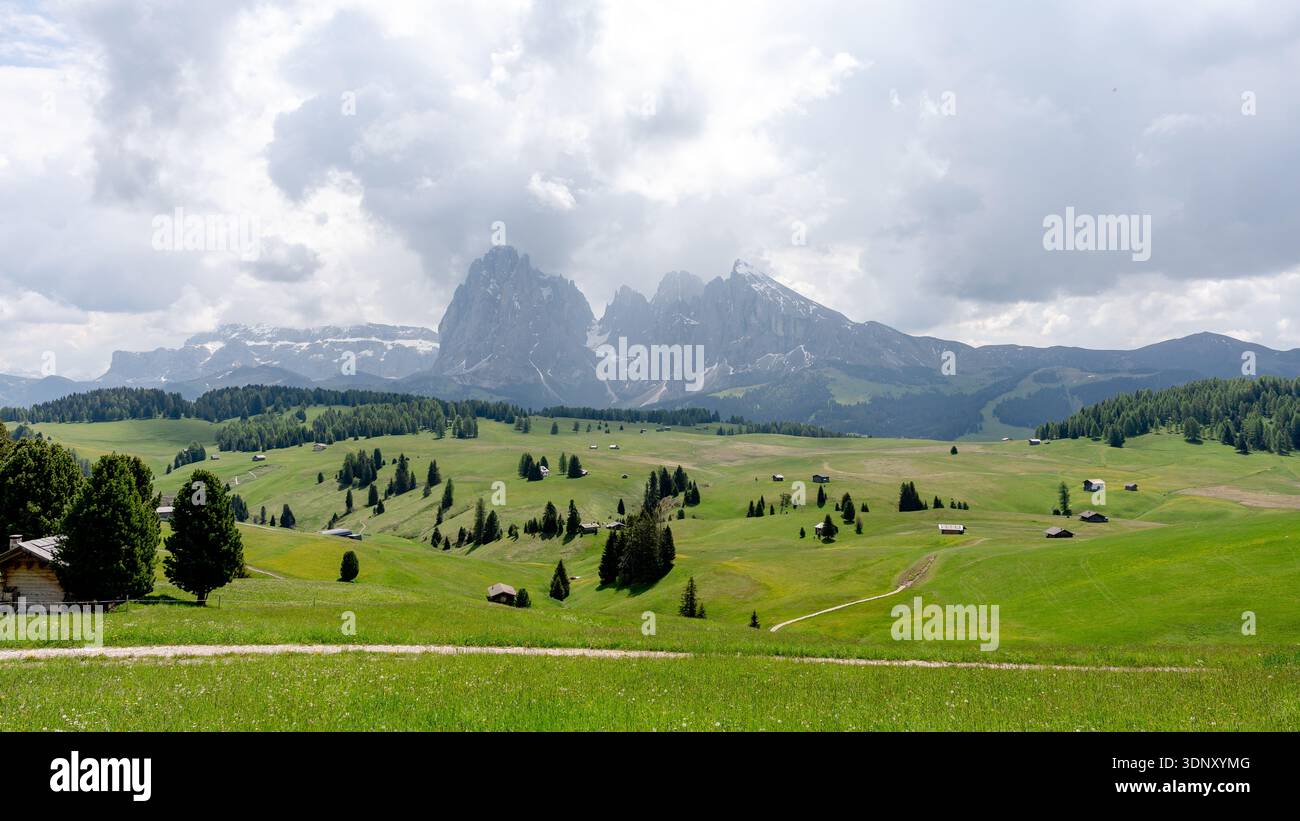 Atemberaubender Panoramablick auf die Seiser Alm in den Dolomiten, Italien. Üppig grüne Wiesen mit verstreuten Hütten und majestätischen Bergen und Stockfoto
