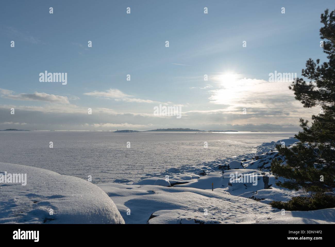 Eine helle Sonne erleuchtet ein riesiges gefrorenes Meer, umgeben von schneebedeckten Felsen und einer einsamen Kiefer auf der rechten Seite Stockfoto
