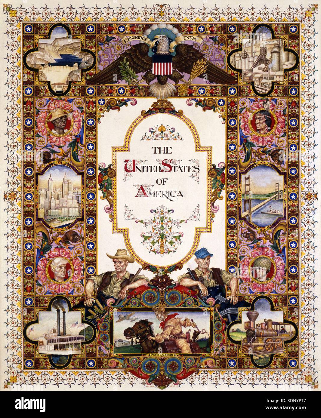 Dieses detailreiche Kunstwerk von Arthur Szyk aus dem Jahr 1945 mit dem Titel „The United States of America“ ist mit einer dekorativen Umrandung versehen, die einen zentralen Text umgibt. Die Illustration zeigt verschiedene Aspekte der amerikanischen Geschichte, Industrie und Kultur, darunter symbolische Figuren, ikonische Strukturen, und die Transportmittel, alle sorgfältig in Szyks charakteristischem Miniaturstil dargestellt. Stockfoto