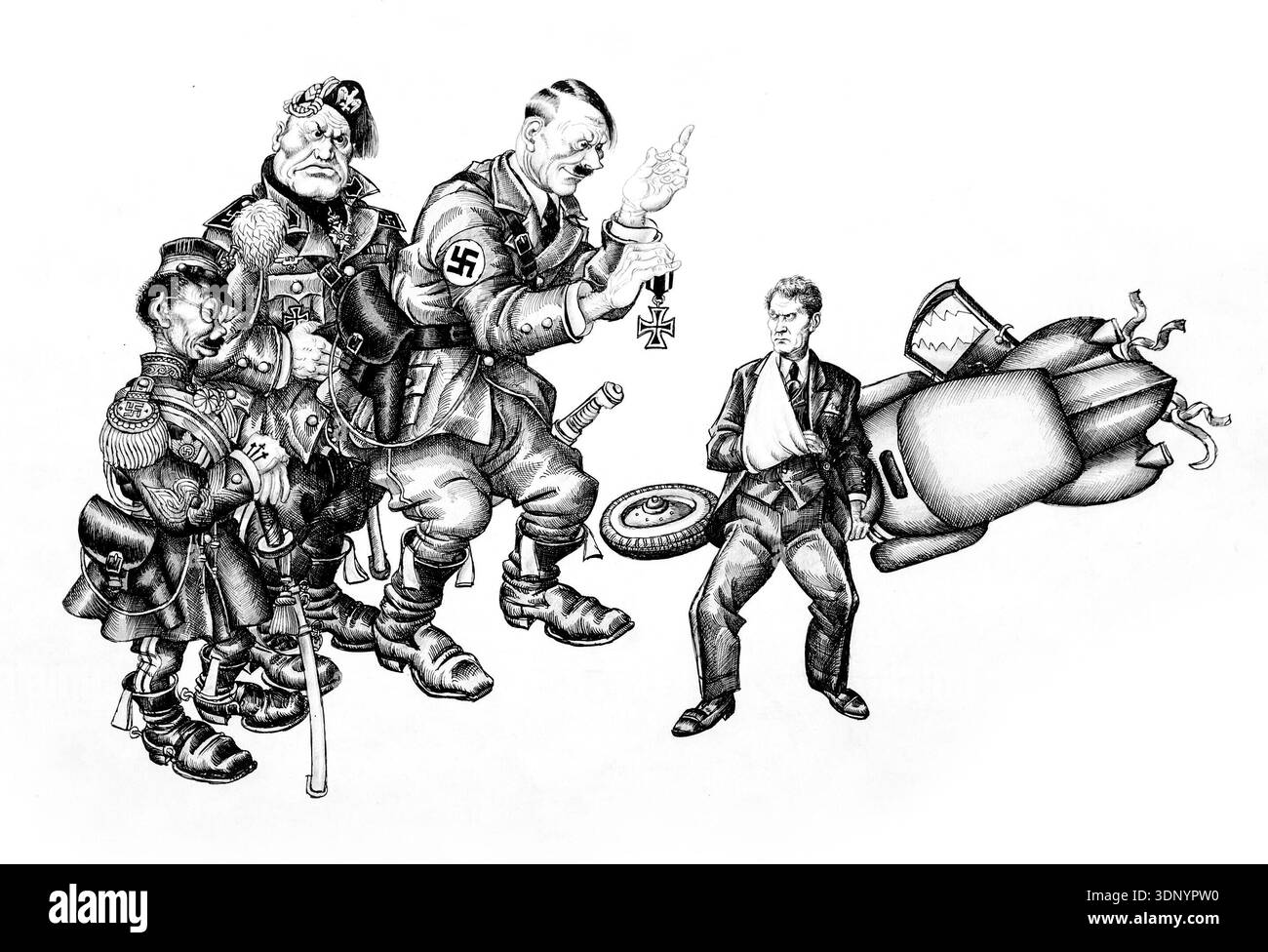Dieser mächtige politische Zeichentrick von Arthur Szyk aus den 1940er Jahren mit dem Titel „die Achse gibt Medaillen“ zeigt totalitäre Führer, die einem verwundeten Zivilisten eine Medaille verleihen, was die verheerenden Kosten des Krieges andeutet. Die detailgetreue Tusche und Bleistiftabbildung satirisiert die Achsenmächte mit Karikaturen von Hitler, Mussolini und Hirohito, die einem zerschlagenen einfachen Mann ein Eiserne Kreuz präsentieren. Es dient als ein potentes Stück Propagandakunstwerk des Zweiten Weltkriegs. Stockfoto