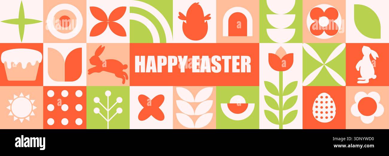 Pastellfarbenes, geometrisches osterbanner mit verspielten Retro-Ikonen - Hase, Ei, Tulpe, Kuchen. HAPPY EASTER Text warme Pfirsichkorallen Minzpalette flach modern.... Stock Vektor