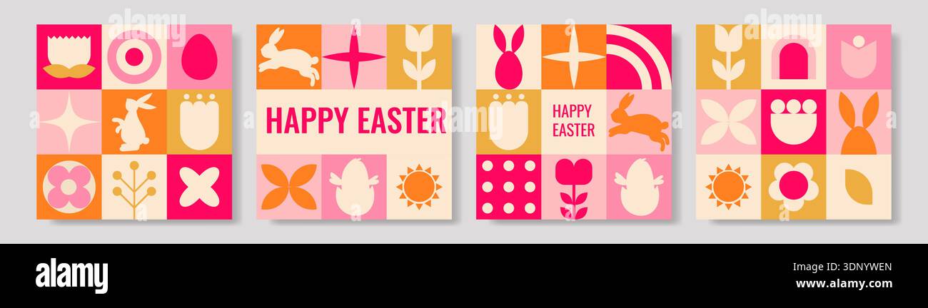 Geometrische Ostercollage mit warmer Palette mit gefliesten Ikonen aus Häschen, Eiern, Tulpen, Sonnen, Herzen in kräftigen quadratischen Blöcken, Korallen- und Fuchsiakzenten Stock Vektor