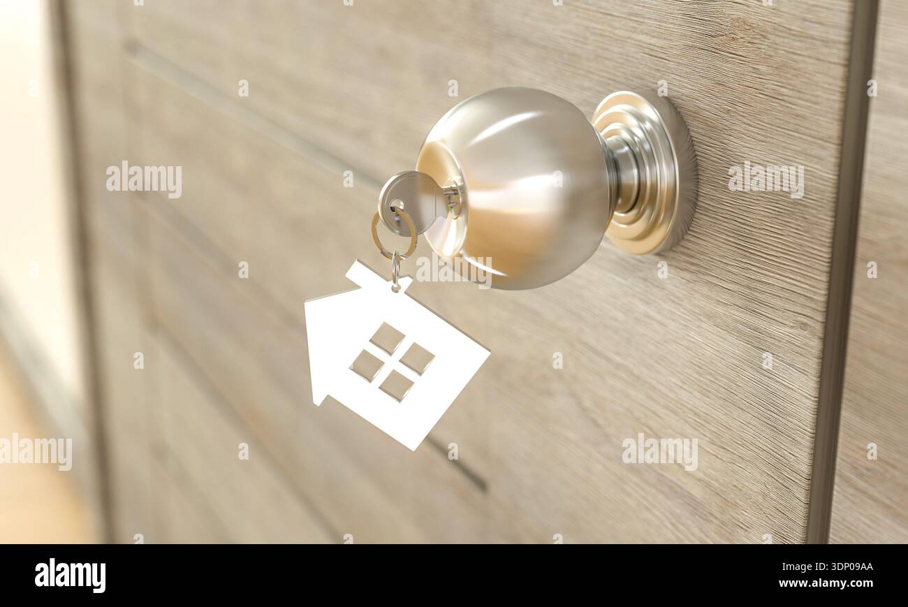 Schlüssel mit Schlüsselanhänger in Hausform 3d Stockfoto