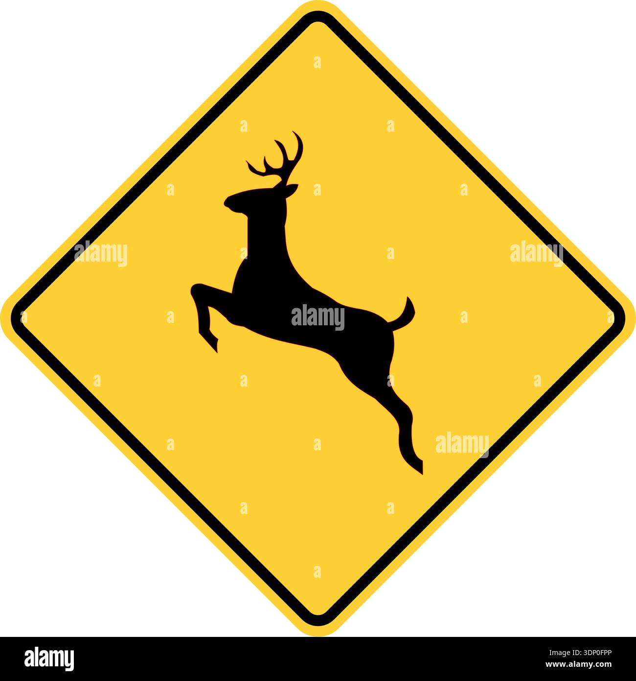 Vektorgrafik eines usa Deer Ahead Highway Schildes. Sie besteht aus der Silhouette eines springenden Hirsches in einem schwarz-gelben Quadrat, das um 45 Grad geneigt ist Stock Vektor
