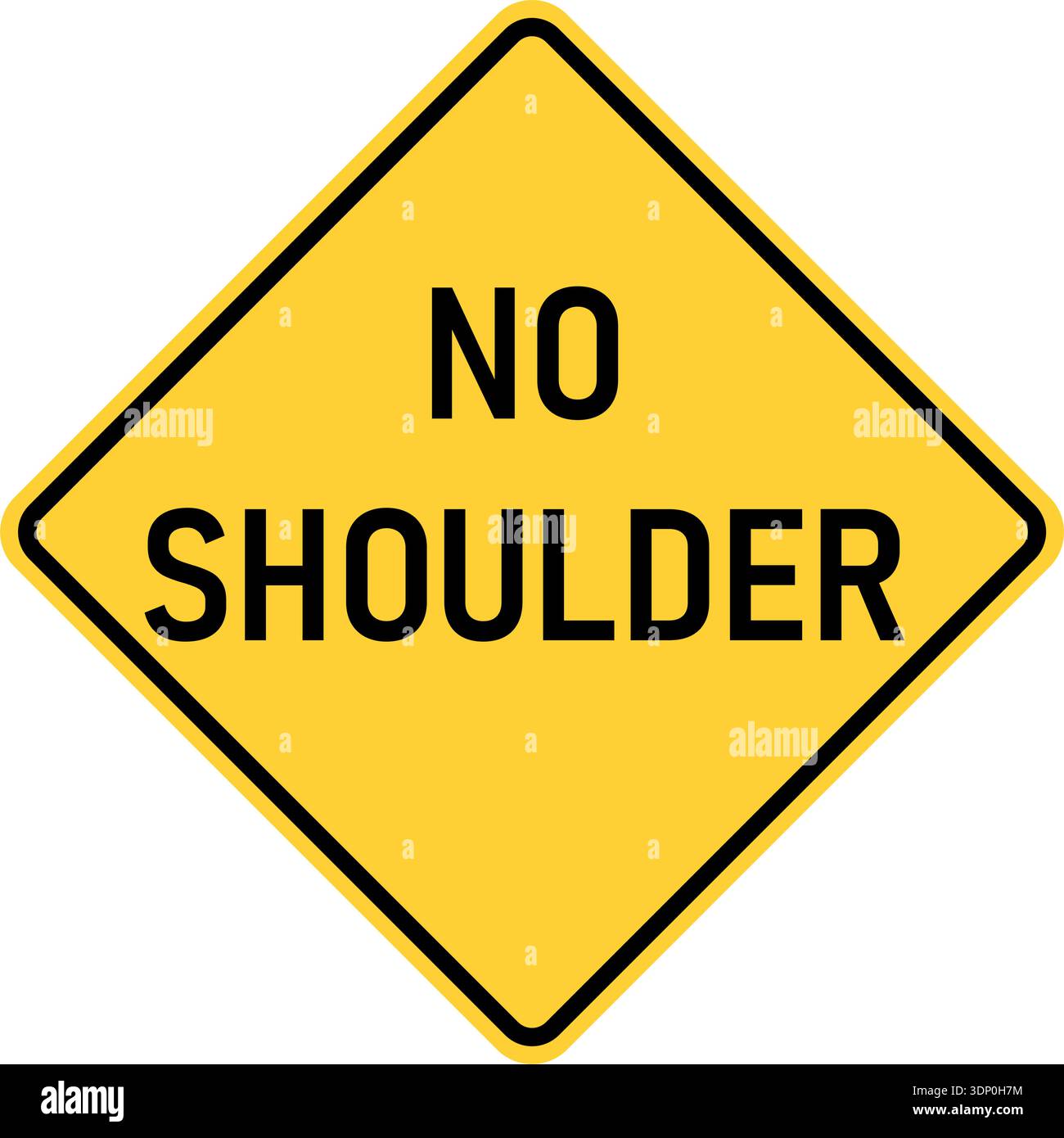 Vektorgrafik eines us No Shoulder Highway-Schilds. Sie besteht aus der Formulierung No Shoulder in einem schwarzen und gelben Quadrat, das um 45 Grad geneigt ist Stock Vektor