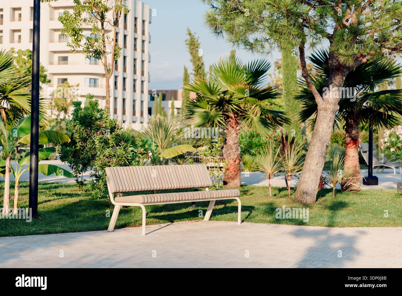 Moderne Parkbank umgeben von Palmen und üppigem Grün in einem sonnigen städtischen Wohngebiet. Stockfoto