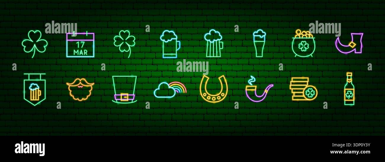 Saint Patrick Day Neon Objects Stock Vektor