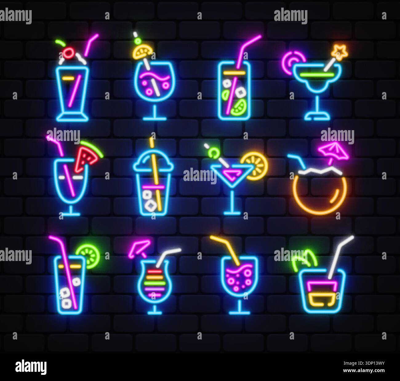 Neon-Vektor-Set von Cocktail-Ikonen auf dunklem Backsteinhintergrund, mit bunten Getränken, Gläsern, Strohhalmen und Fruchtdetails. Perfekt für Barmenüs Stock Vektor