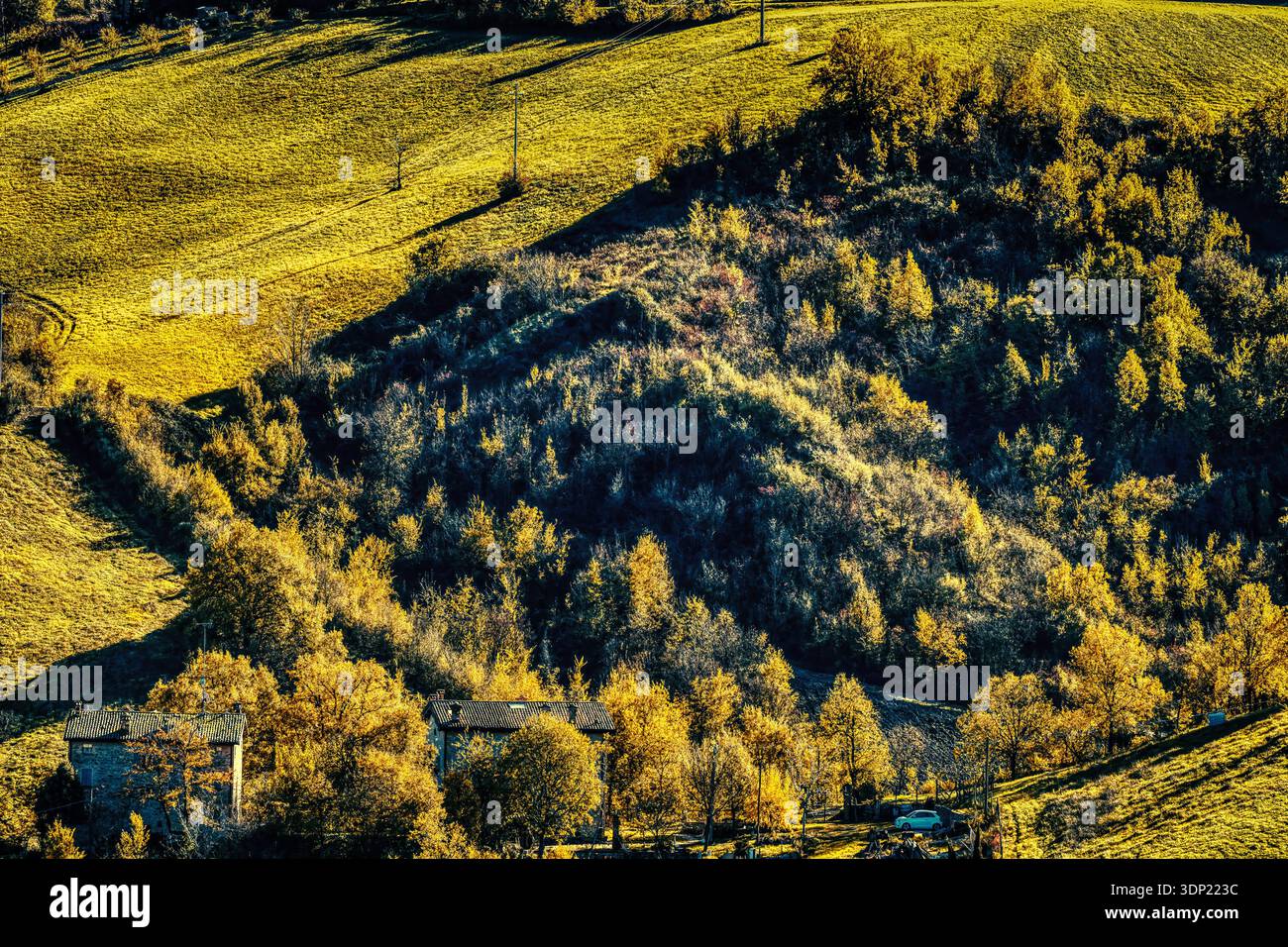Modena Hills Panoramablick Weinberge Terre di Castelli Sassi Roccamalatina Emilia Romagna Italien! Dieses weitläufige Foto zeigt eine Landschaft Stockfoto