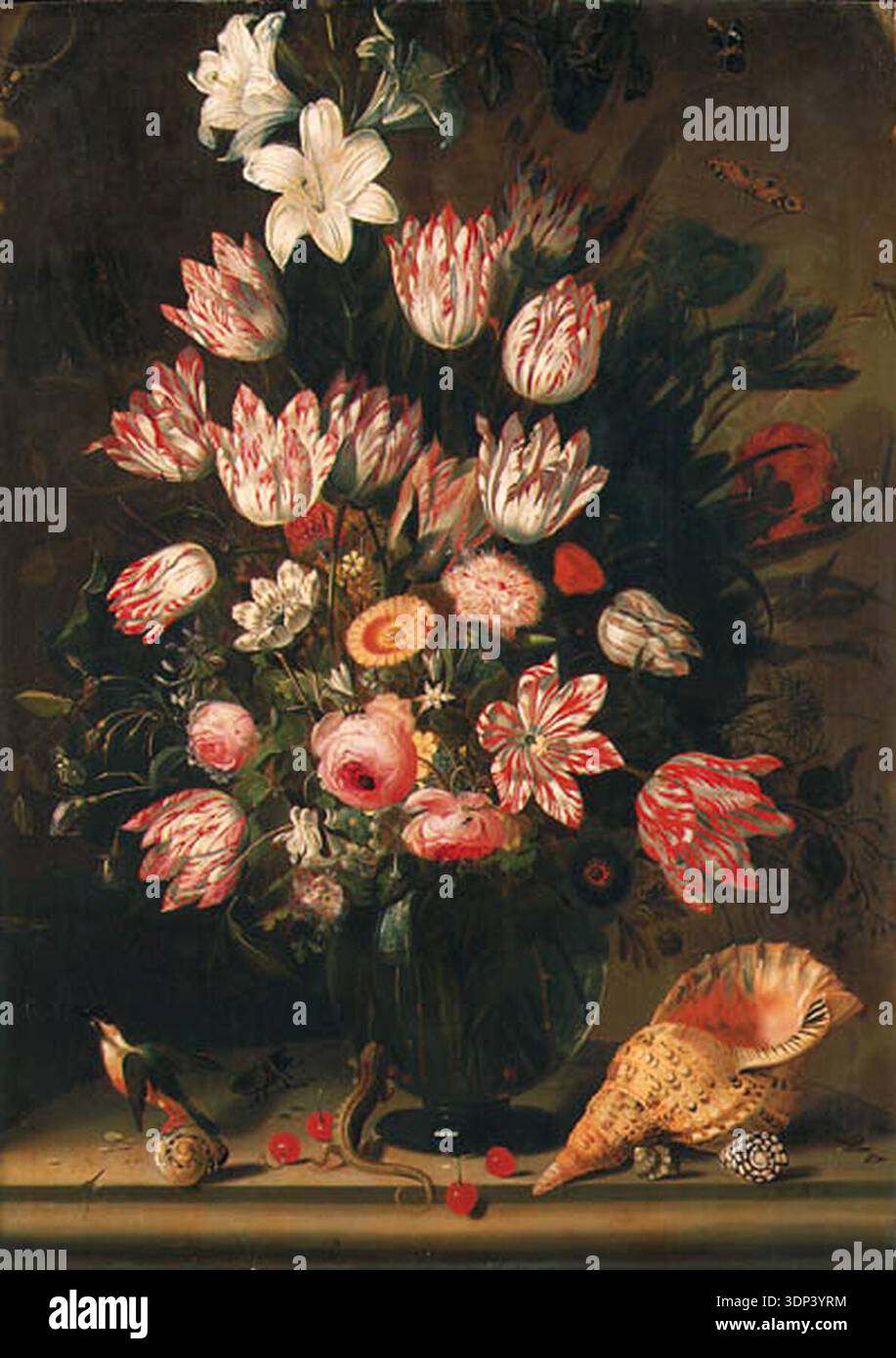 Papageientulpen, Rosen, Lilien, eine Iris und andere Blumen in einer Nische auf einem Steinregal, mit Muscheln, Kirschen, einer Eidechse, einem Hirschkäfer, ein eisvogel, Schmetterlinge, eine Libelle, eine Biene, ein Heuschrecken und andere Insekten in einer Aussparung (112332). Stockfoto