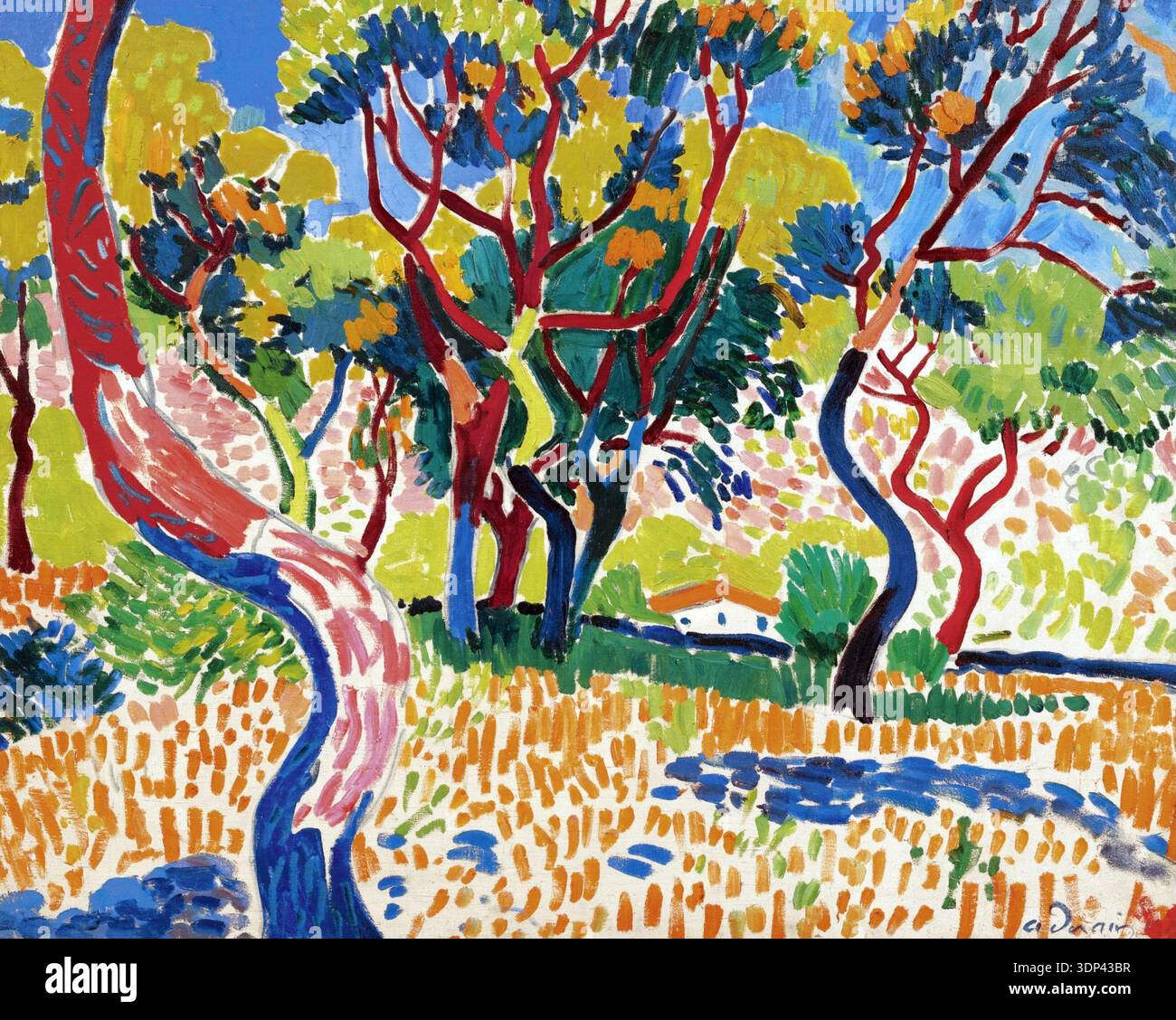 Dieses lebhafte Gemälde aus dem frühen 20. Jahrhundert, „Arbres à Collioure“ von André Derain, zeigt eine Fauvismus-Landschaft mit kräftigen, nicht naturalistischen Farben. Das Kunstwerk stammt aus den 1900er Jahren und zeigt Bäume mit roten und blauen Stämmen und leuchtend gelb-grünes Laub vor einem strahlend blauen Himmel, was die Ausdruckskraft der Farbe in dieser einflussreichen Kunstbewegung demonstriert. Stockfoto
