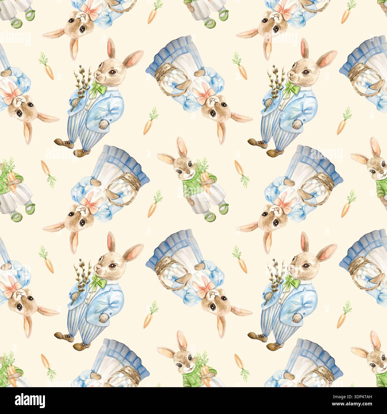 Osterhasen im nahtlosen Muster der Kleidung. In einem Anzug mit einem Weidenstrauß, in einem Kleid mit einem Eierkorb und einem Baby mit einer Karotte. Handgezeichnetes Wasser Stockfoto
