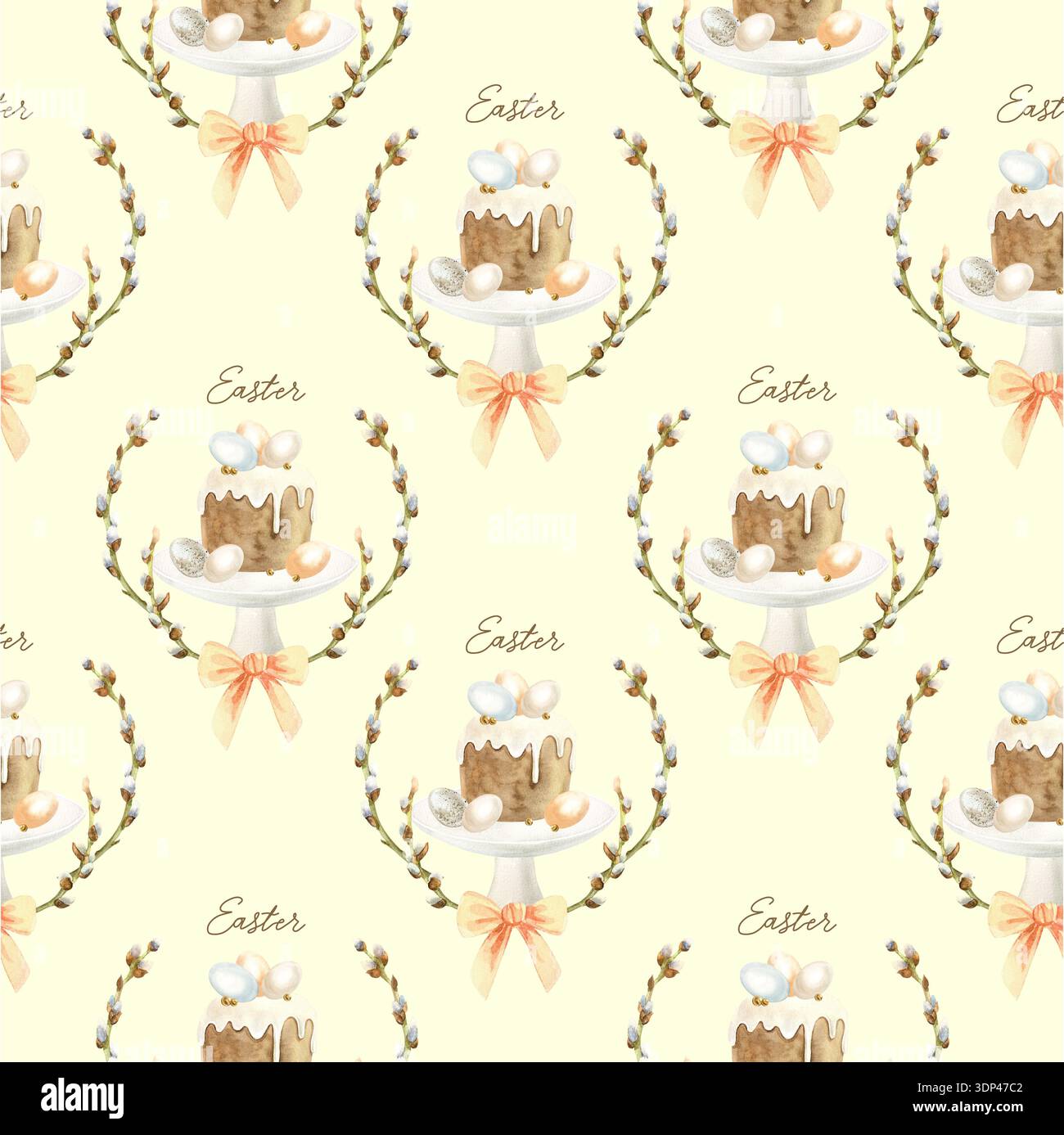 Nahtloses Muster für Osterkuchen. Glasiertes Gebäck, dekoriert mit Eiern, Weidenzweigen und einer Schleife. Handgezeichnete Aquarellillustration. Pastell-Clip-Art für wr Stockfoto