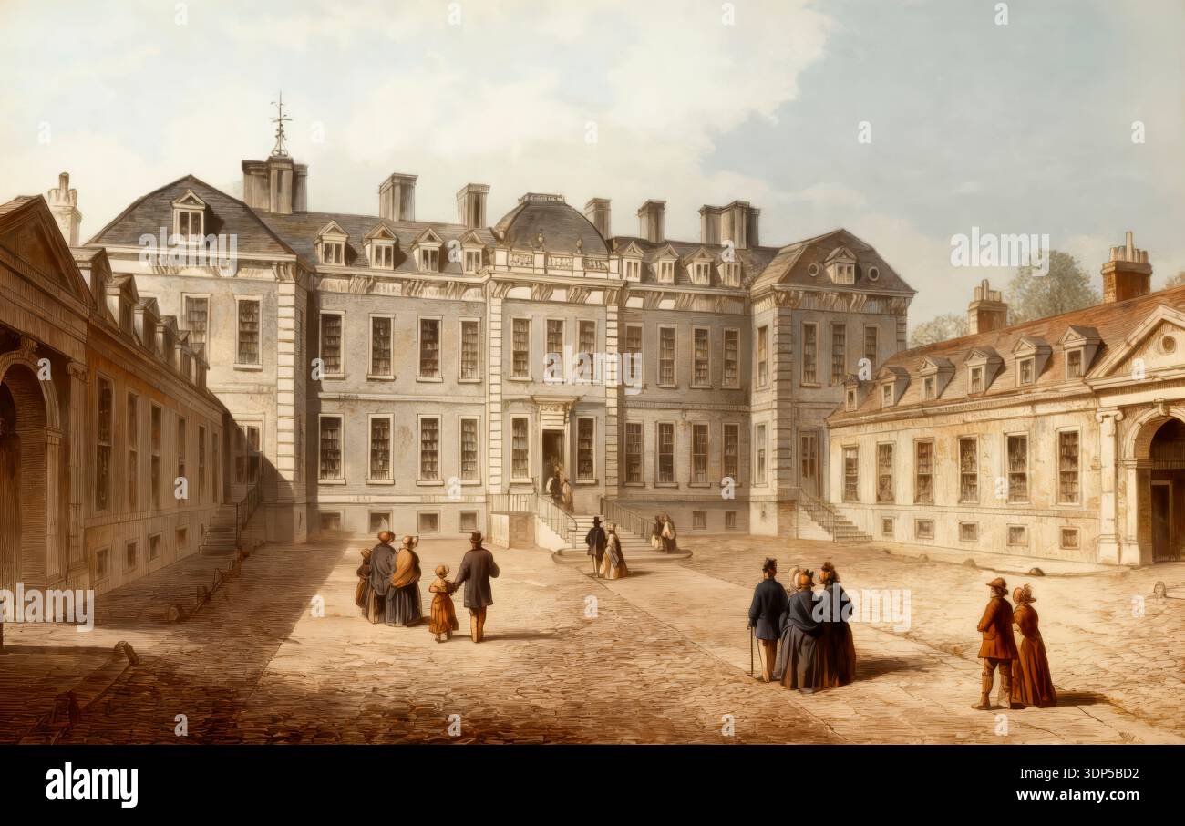 Das Courtyard of Montagu oder Montague House, 1830, das erste Haus des British Museum, ein Herrenhaus aus dem 17. Jahrhundert in der Great Russell Street, Bloomsbury, London, England, Stockfoto