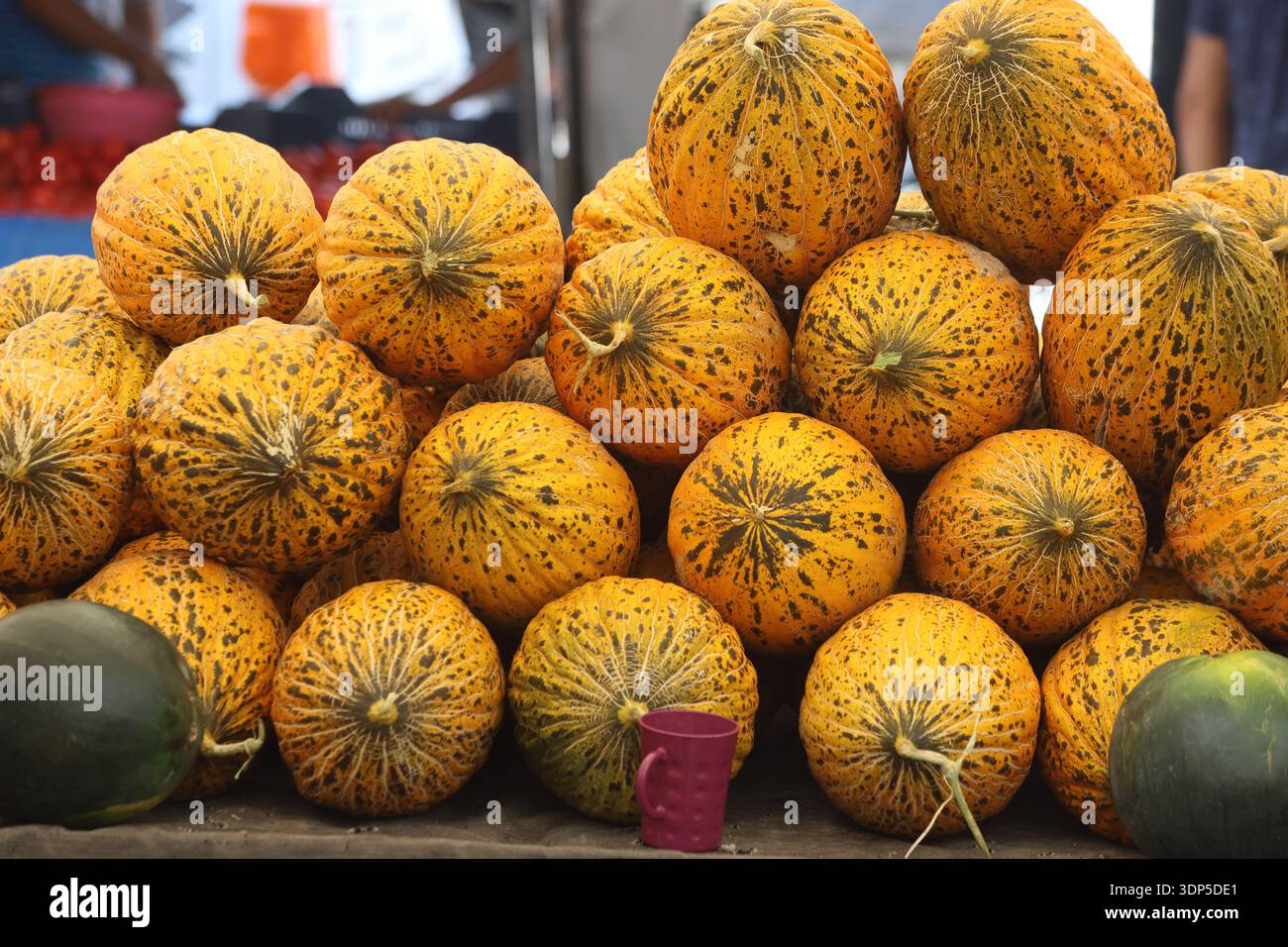 Haufen Honigmelonen auf einem Markt Stockfoto