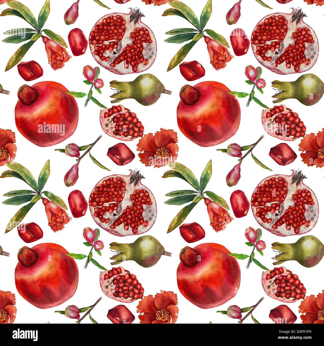 Aquarell nahtloses Muster ganze Granatäpfel öffnen Fruchtsamen Blüten Knospen und Blätter auf einem weißen Hintergrund. Abbildung für Verpackung Küchendekoration Stockfoto