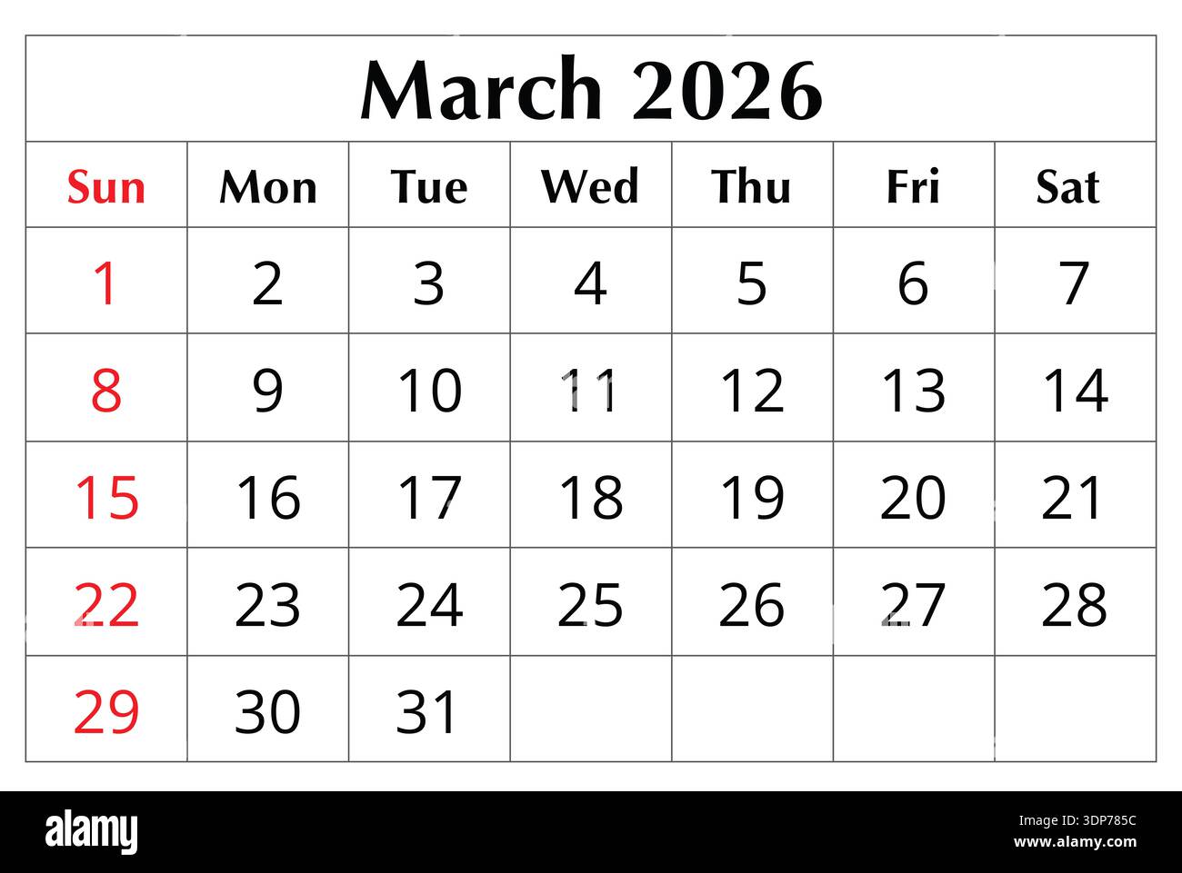 März 2025 englischer Monatskalender. Frühlingsmonat. Isolierte Abbildung Stockfoto