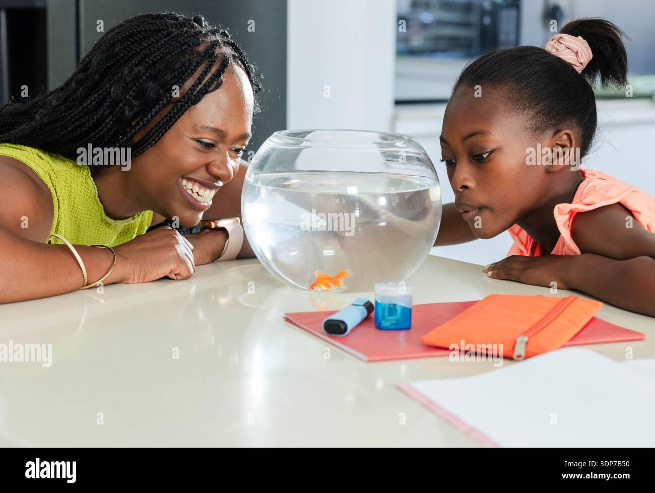 Afrikanische Mutter und Kind Tochter beobachten Goldfische in Glasschale auf Küchentheke mit Notizbuch Stockfoto