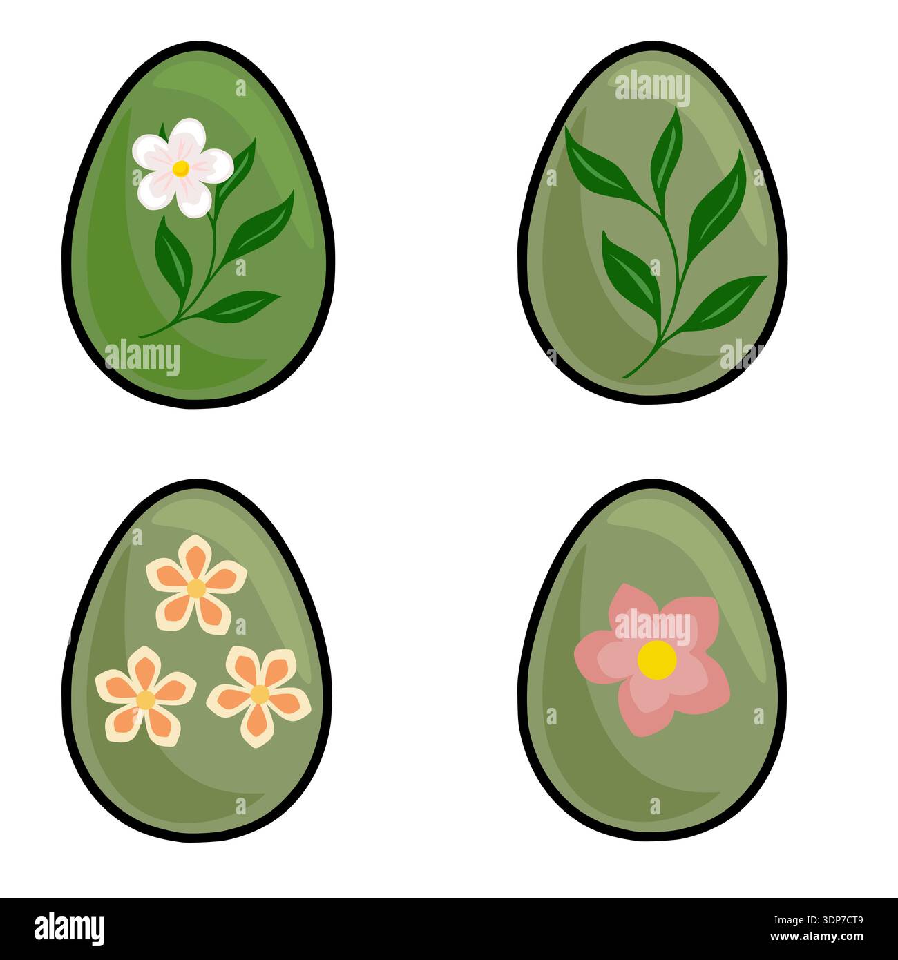 Set aus vier dekorativen Ostereiern mit Blumen- und Blattillustrationen, Vektor Stock Vektor