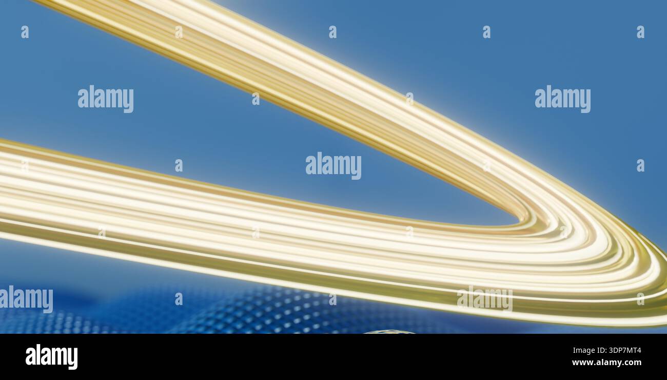 Detaillierte Ansicht der goldenen Ringe mit glattem blauem Hintergrund. 3D-Rendering Stockfoto
