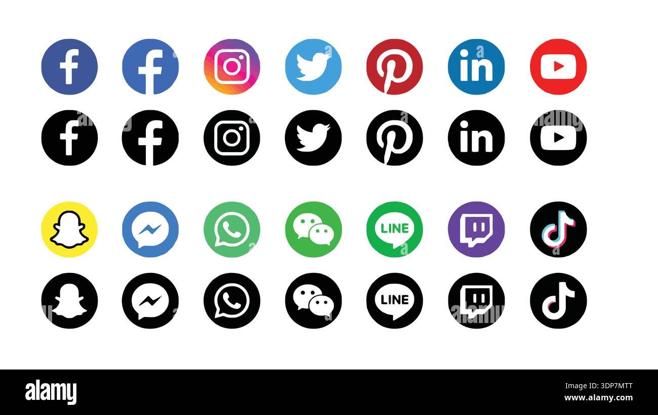 Vektorsatz für Social-Media-Symbole: Facebook, Instagram, Twitter, Pinterest, LinkedIn, YouTube, Snapchat, Messenger, WhatsApp, Line, Twitch, TikTok Isolate Stock Vektor