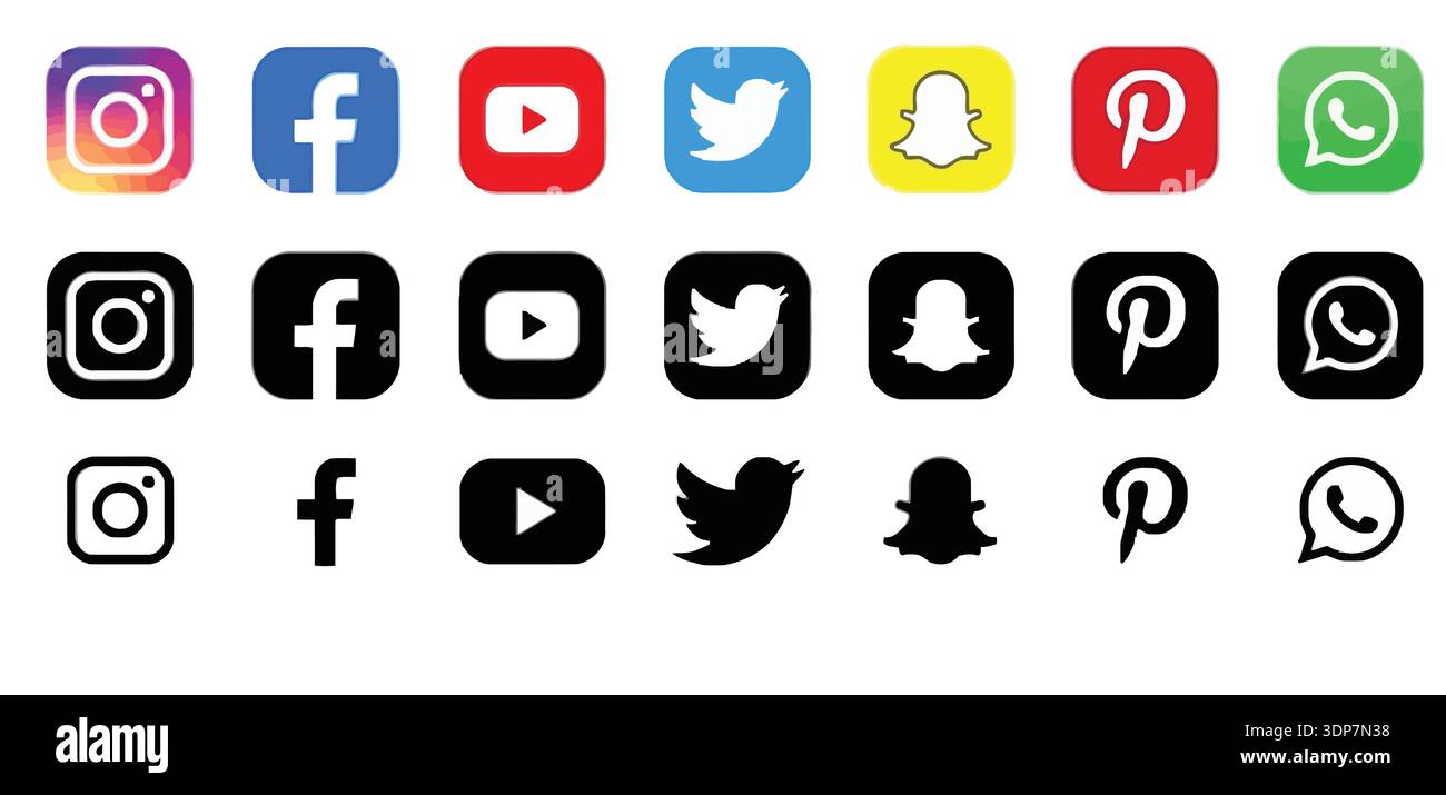 Vektor Social Media Icons setzen Instagram Facebook YouTube Twitter Snapchat Pinterest WhatsApp in der Farbe Schwarz und Konturstile isoliert auf weiß Stock Vektor