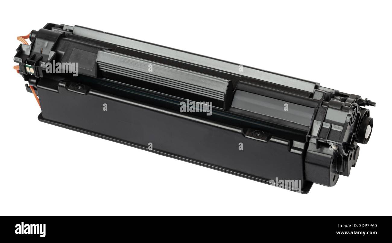 Schwarze Tonerkartusche für Laserdrucker auf transparentem Hintergrund für Druckzubehör für das Büro Stockfoto