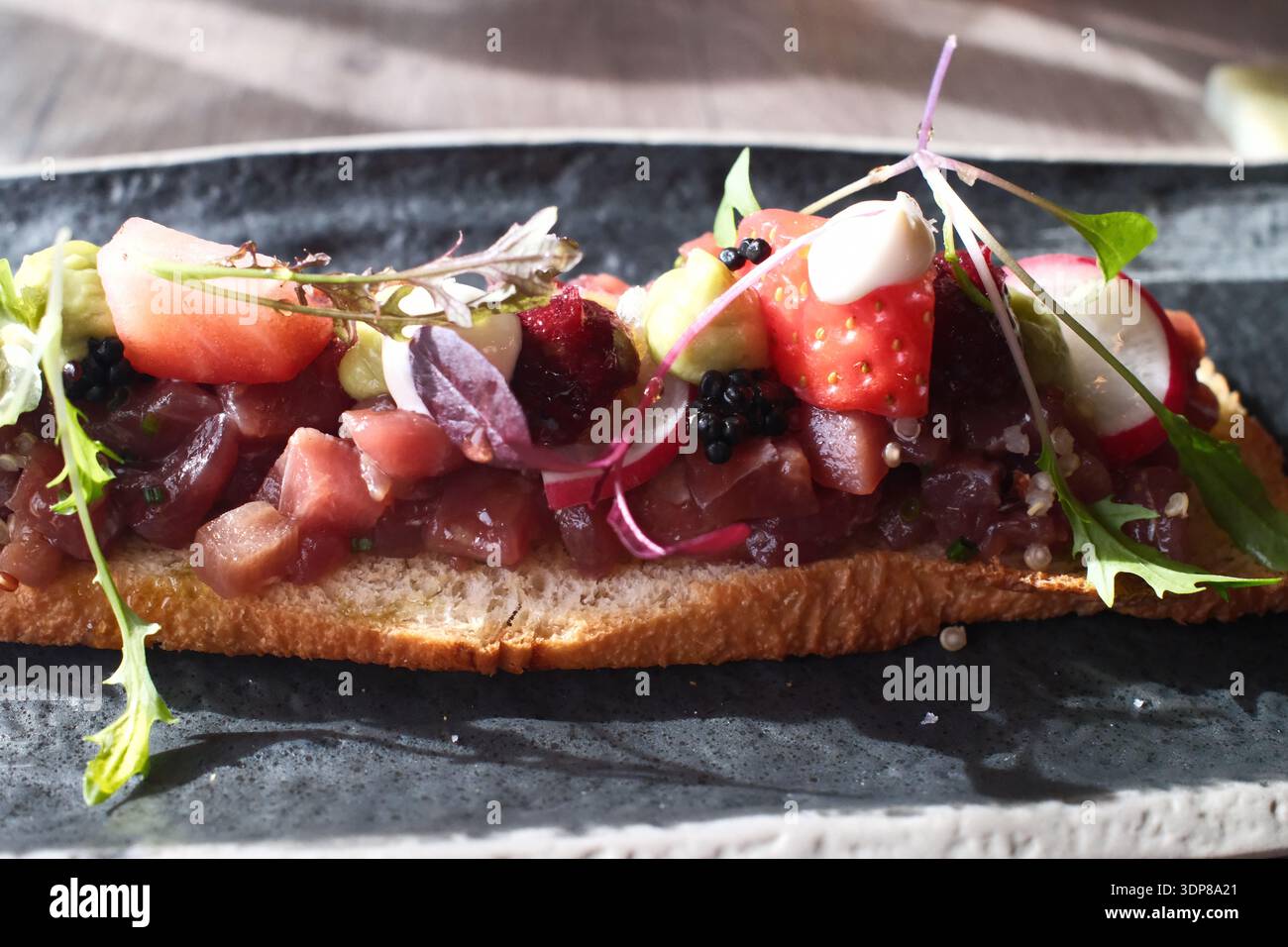 Gebratener Thunfisch Tataki, serviert als Gourmet-Gericht aus japanischen Meeresfrüchten Stockfoto