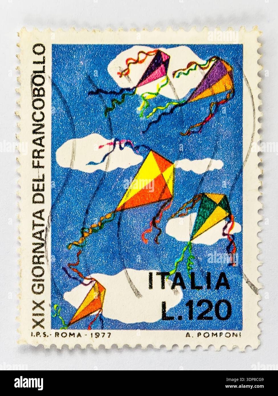 Italienische Briefmarkentag-Kites Kinder-Portokunst! Farbige Briefmarkenwand mit einer Ausgabe der Italienischen Republik zum 19. Briefmarkentag (Giornata del F Stockfoto