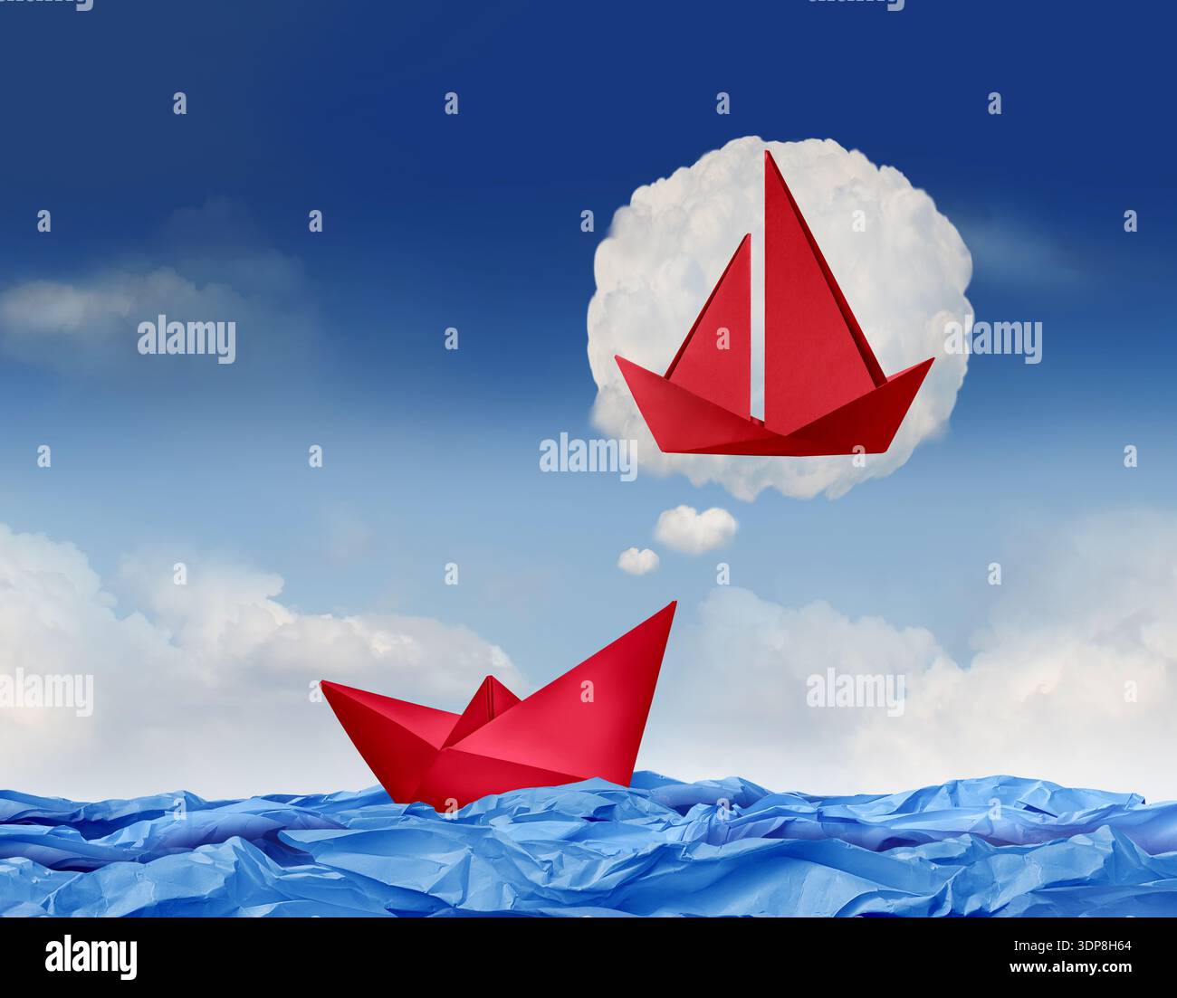 Wir träumen von Wachstum und Erfolg, der sich von einem kleinen Origami-Papierboot zu einem großen Segelschiff als Metapher für den Streben und die Planung zum Geschäftsnachfolger verwandelt Stockfoto