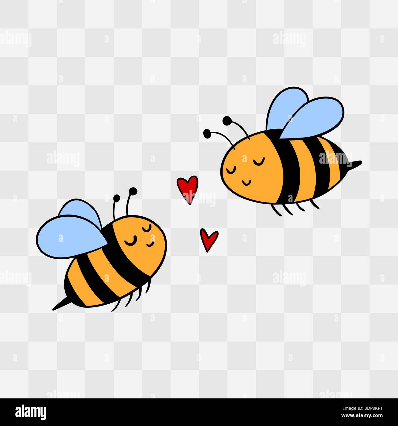 Handgezeichnete Illustration zweier süßer verliebter Bienen, perfekt für Valentinstag mit transparentem Hintergrund Stockfoto