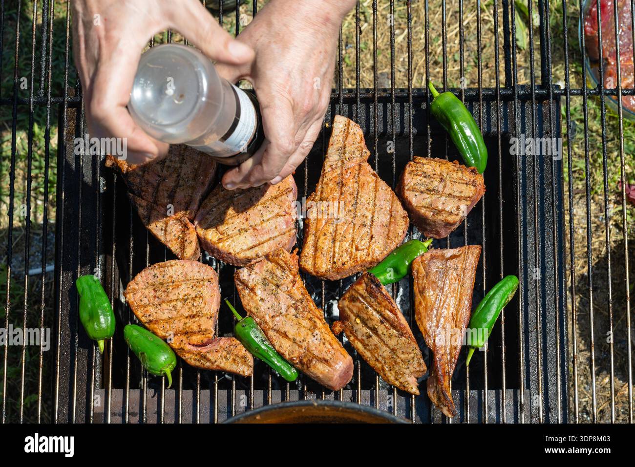 Saftige Thunfisch-Steakstücke und grüne Paprika auf einem heißen Grill, während Pfeffer aus einem Mahlwerk gestreut wird. Perfekt zum Essen im Freien, Kochen, Barbecue Stockfoto