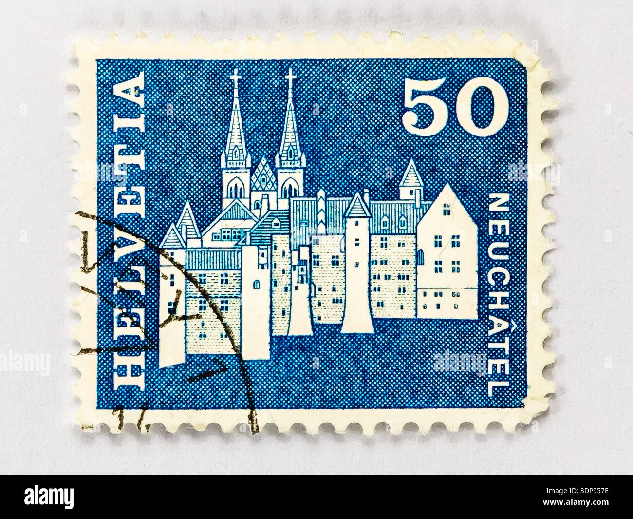 Schweiz Helvetia Schloss Neuchatel Stiftskirche Vintage Briefmarke Mittelalterliche Architektur! Dieses architektonisch bedeutsame Vintage-Porto Stockfoto