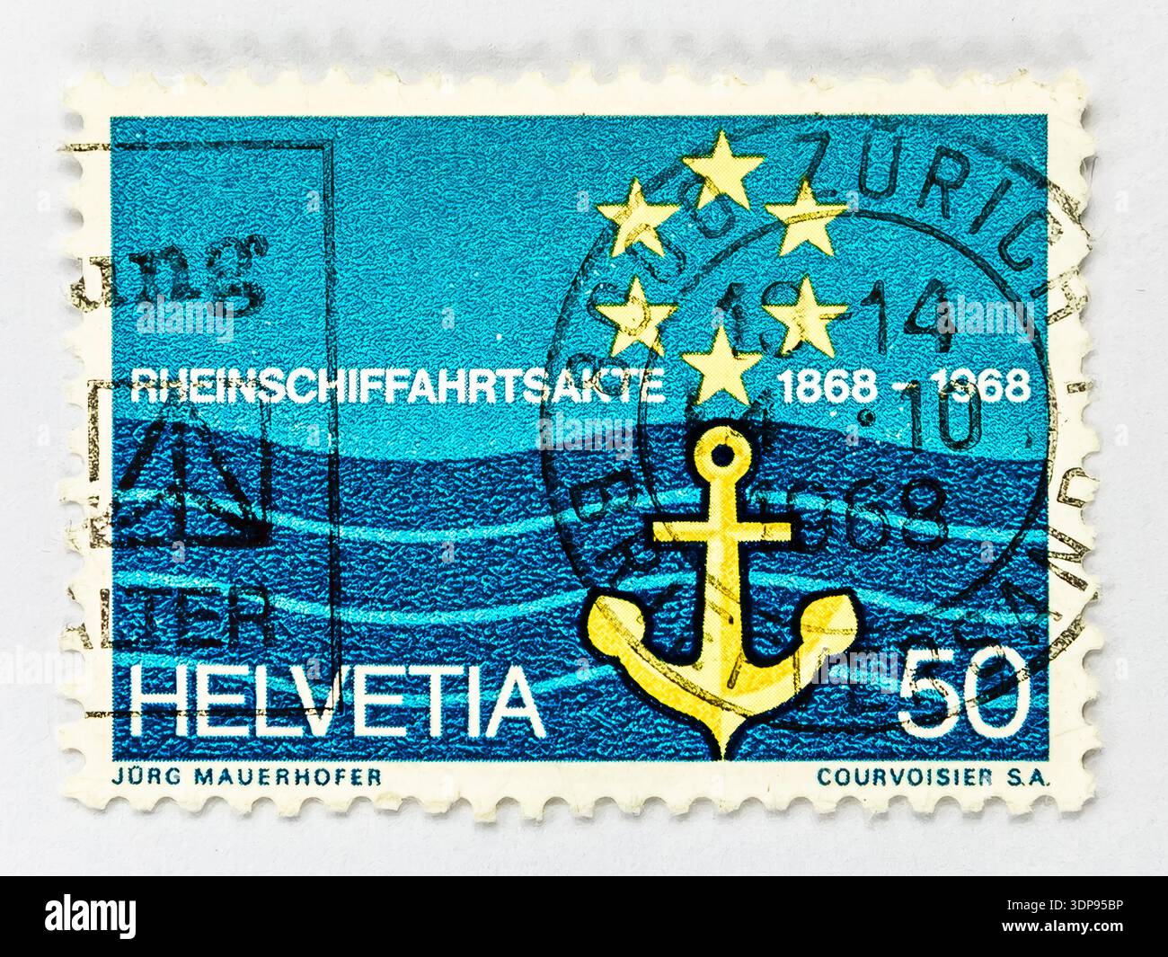 Schweiz Helvetia Rheinschifffahrtsgesetz Hundertjahrfeier Vintage Briefmarken Anker Maritime Trade! Diese historisch bedeutsame Vintage-Briefmarke f Stockfoto
