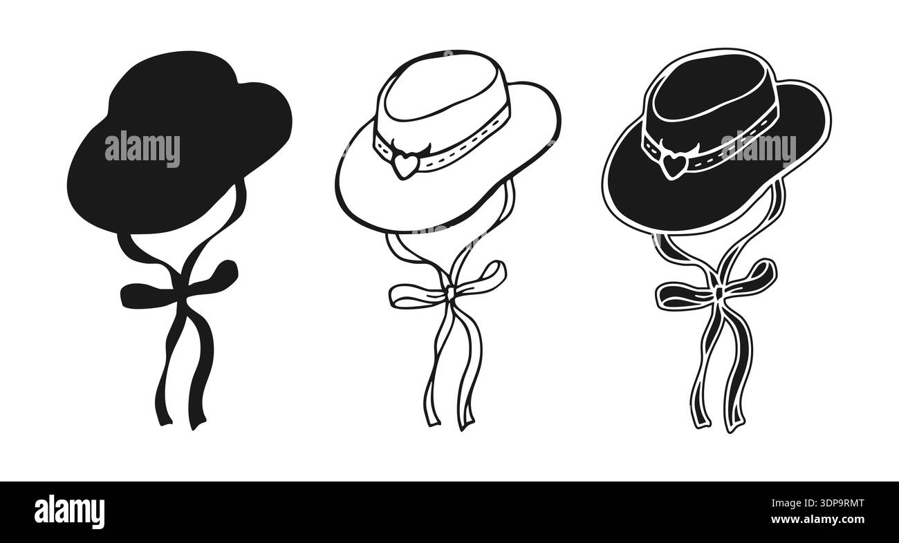 Cowgirl- oder Cowboyhut-Illustration handgezeichnet Kritzelchen linear, Silhouette-Set. Vintage-amerikanischer traditioneller Western-Bandit, Sheriff, Cowgirl-Hüte. Retro-Stimmung im Wilden Westen, westliche Rodeo-Country-Mode Stock Vektor