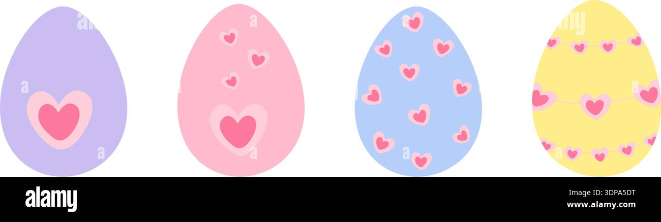 Mehrfarbige Ostereier mit verschiedenen Herzformen im trendigen Palettenset im minimalistischen flachen Design. Isolierte Vektor-Illustration Osterfeiertag thematisierte Karte Party Einladung Banner, Faltblatt Aufkleber Symbol Stock Vektor