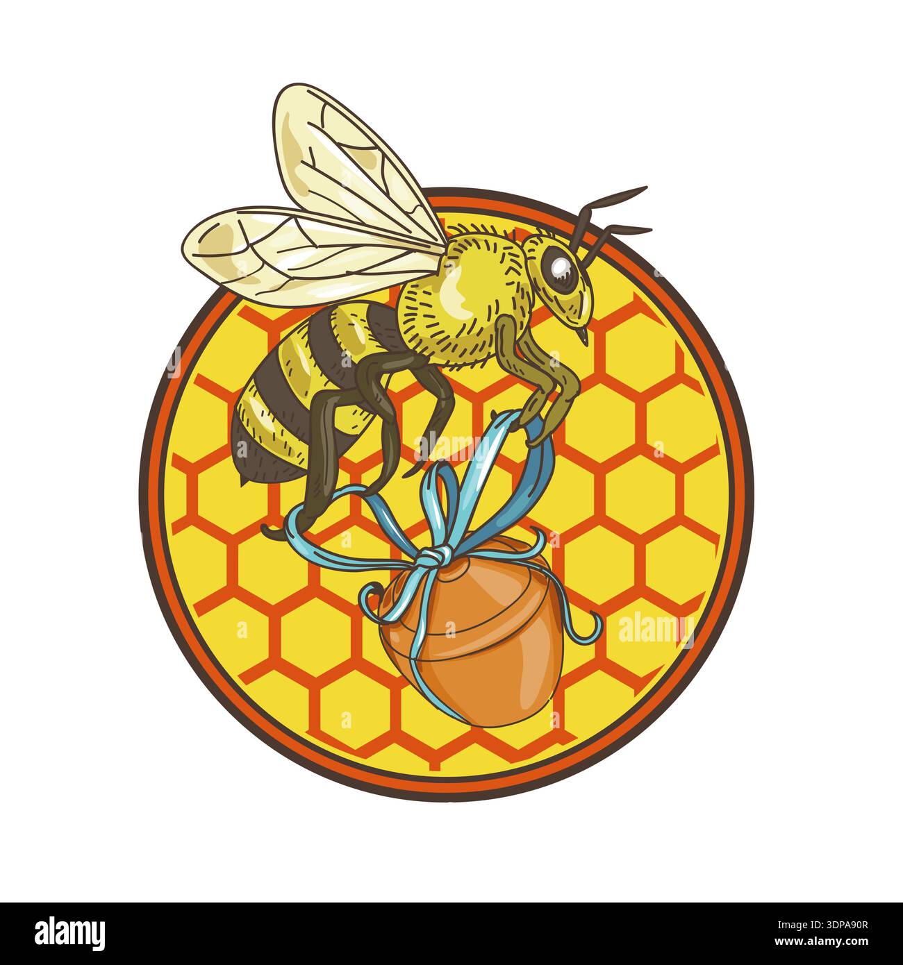 Symbol Retro Stil Abbildung einer Hummel oder Bumble Bee, Mitglied der Gattung Bombus, Teil der Familie der Apidae Biene, Honig Topf mit beehive und Stockfoto