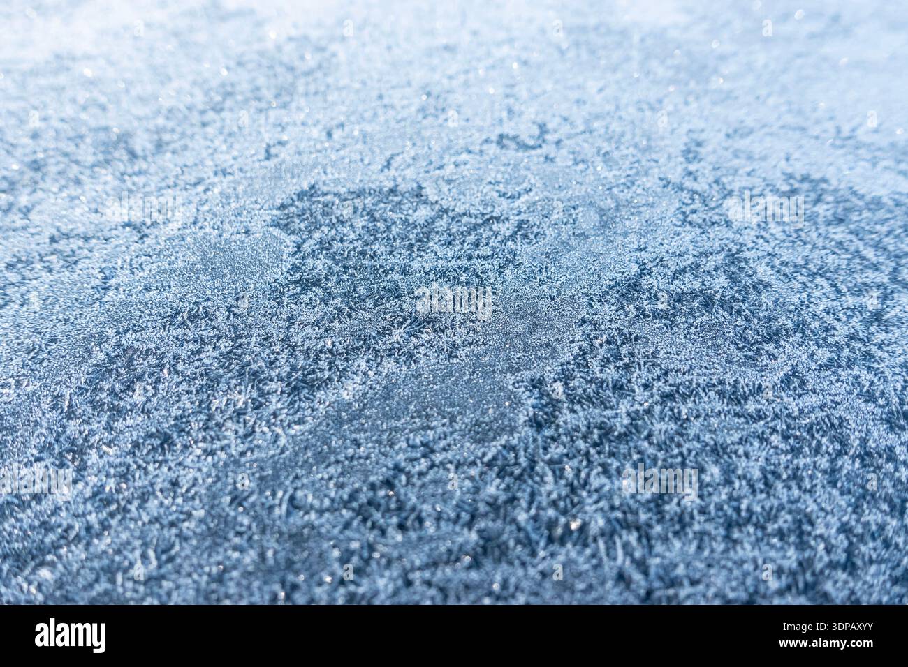 Hellblaue Frostkristalle verteilen sich auf einer gefrorenen Oberfläche und bilden eine zarte Wintertextur mit dezentem Glanz Stockfoto