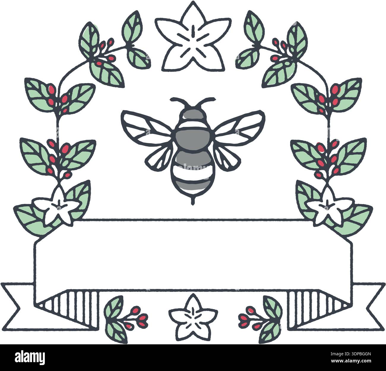 Mono line style Abbildung einer Hummel oder Bumble Bee, ein Mitglied der Gattung Bombus, Teil der Apidae mit Kaffee Blätter und Kirschen umgeben Flo Stockfoto