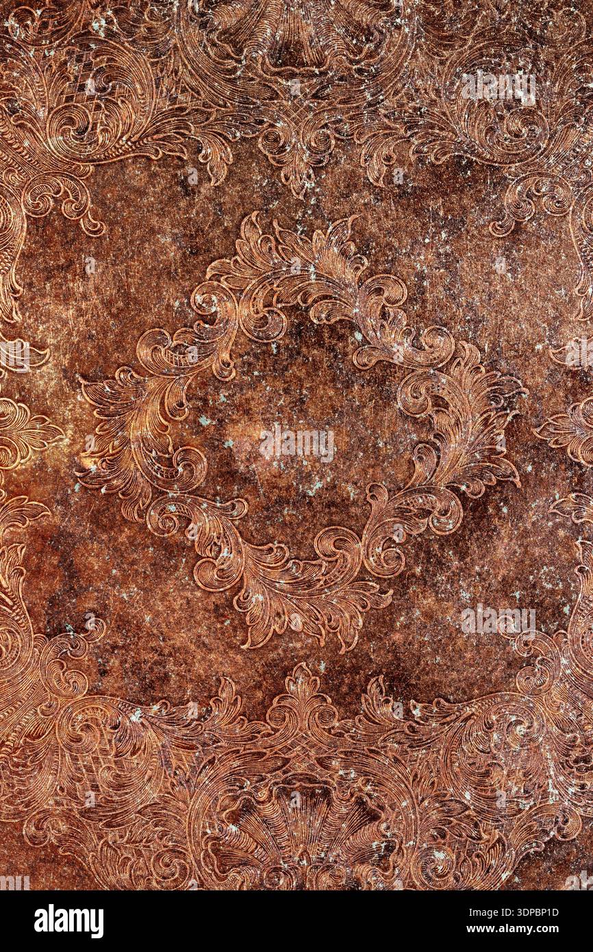 Rostig gealterte Gravurmuster Metall Grunge Hintergrund Hintergrund. Antikes Gravurmuster-Konzept Stockfoto