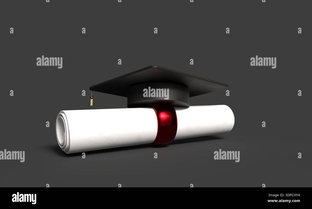 Hut Kappe schwarz Farbe Papier Rolle Objekt Symbol Zeichen Graduierung Ausbildung Universität Student College Zeremonie Erfolg Hut Kappe Graduierung High schoo Stockfoto