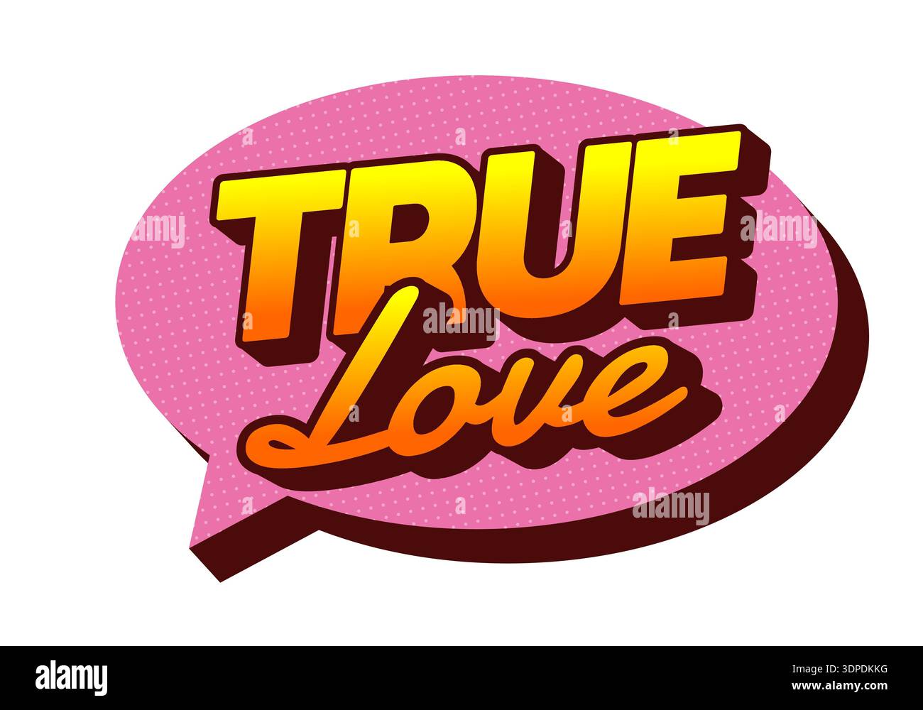 Eine rosafarbene Sprechblase mit Punktmuster mit auffälligem, gelbem orangefarbenem 3D-Text, der TRUE Love im Retro-Comic-Stil liest Stock Vektor