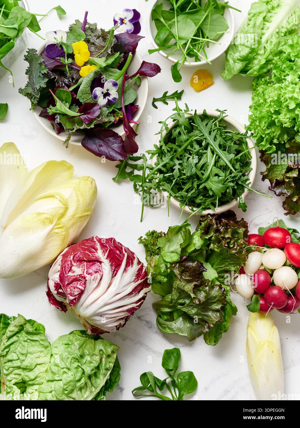 Frische Salate und Gemüse werden auf einer Marmorarbeitsfläche in einer Küche angeordnet. Die Szene zeigt gesunde Optionen für die Zubereitung von Mahlzeiten und Salaten Stockfoto